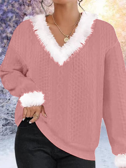 Women's Faux Fur V-Neck Cable Knit Christmas Sweater