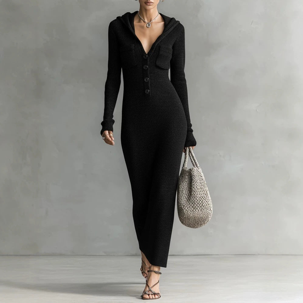 Hooded V Neck Button Front Ribbed Knit Maxi Dress