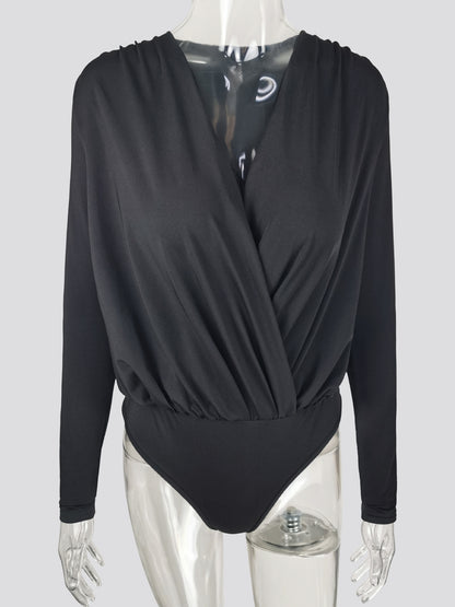 Sexy Deep V Neck Long Sleeve Ruched Bodysuit