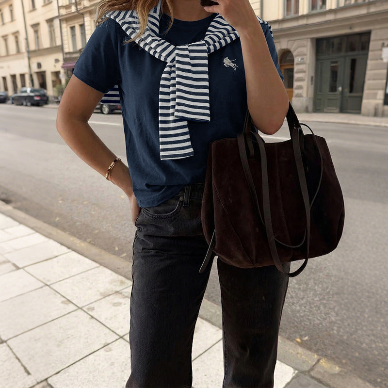 Navy Tee Striped Scarf Set Casual Short Sleeve Top