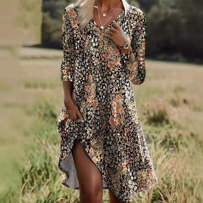 Women's Boho Floral V Neck Long Sleeve Midi Dress