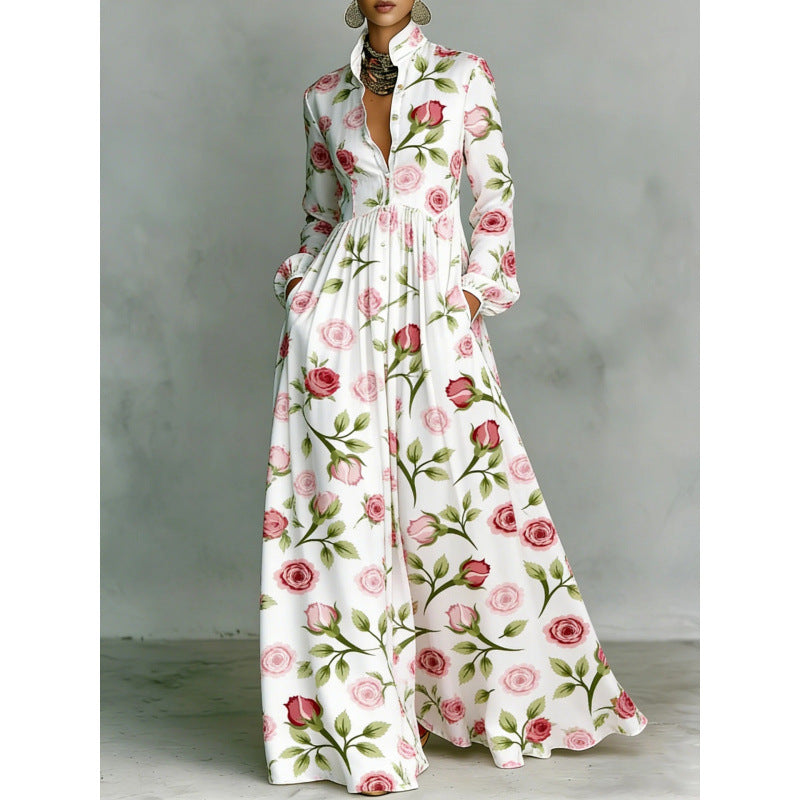 Vintage Floral Maxi Dress Lantern Sleeve Button Down Boho