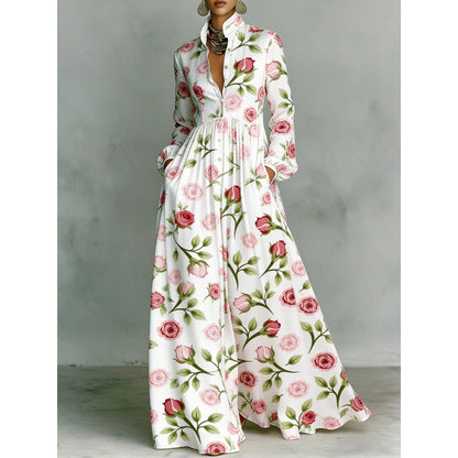 Vintage Floral Maxi Dress Lantern Sleeve Button Down Boho