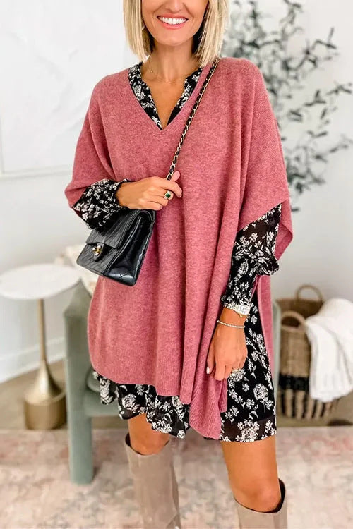 Women's Oversized V-Neck Batwing Sleeve Knit Poncho Sweater