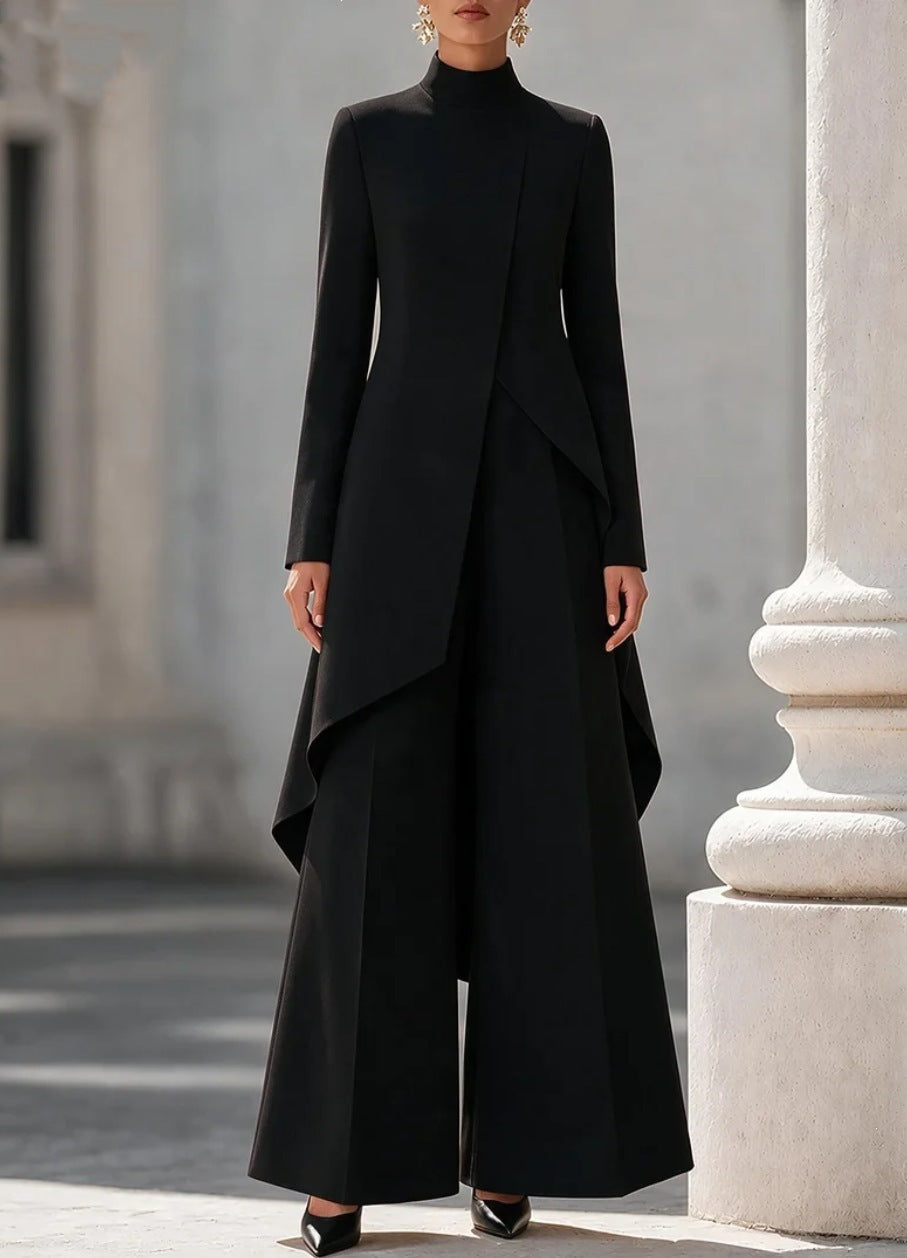 Women's Asymmetric Mock Neck Wide Leg Pants Two Piece Set