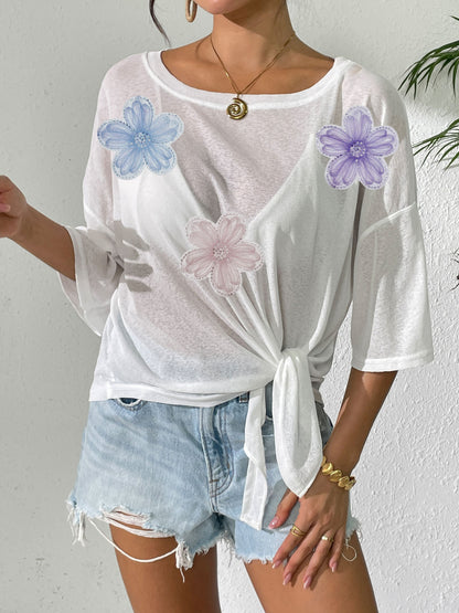 Women's Sheer Tie Front Beach Cover Up Lace Floral Top