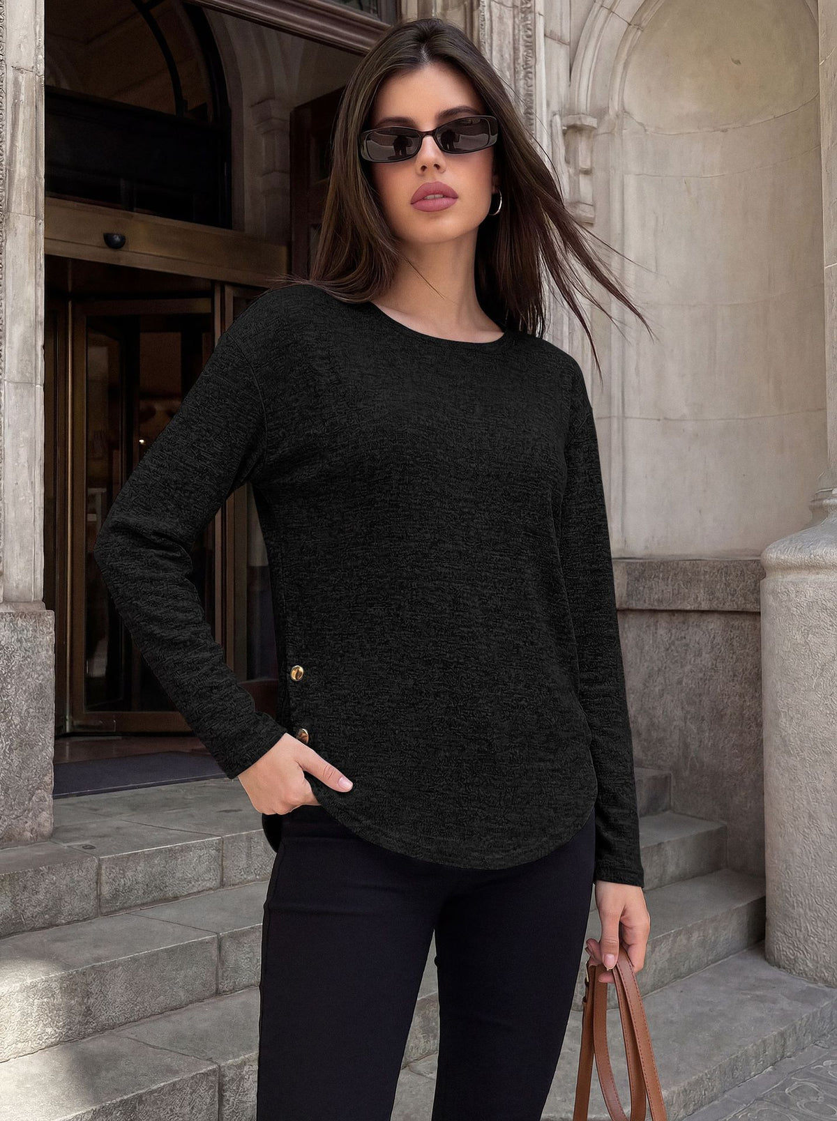Women's Oversized Side Button Long Sleeve Tunic Top