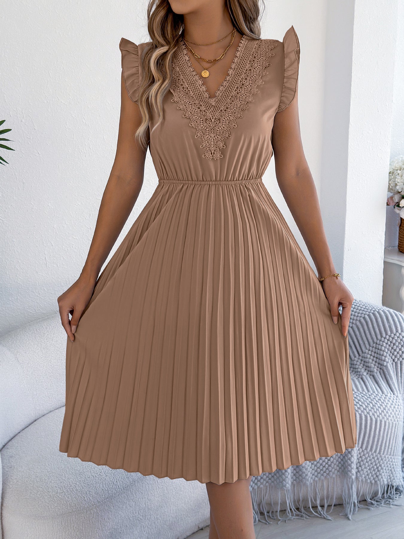 Lace V Neck Pleated Midi Dress with Ruffle Sleeves