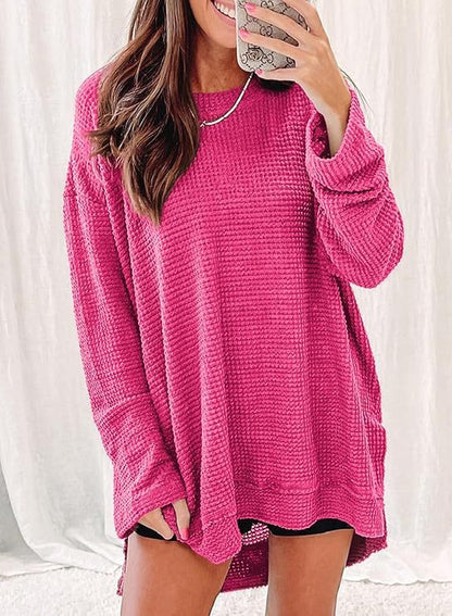 Oversized Waffle Knit Crew Neck Side Slit Long Sleeve Tunic