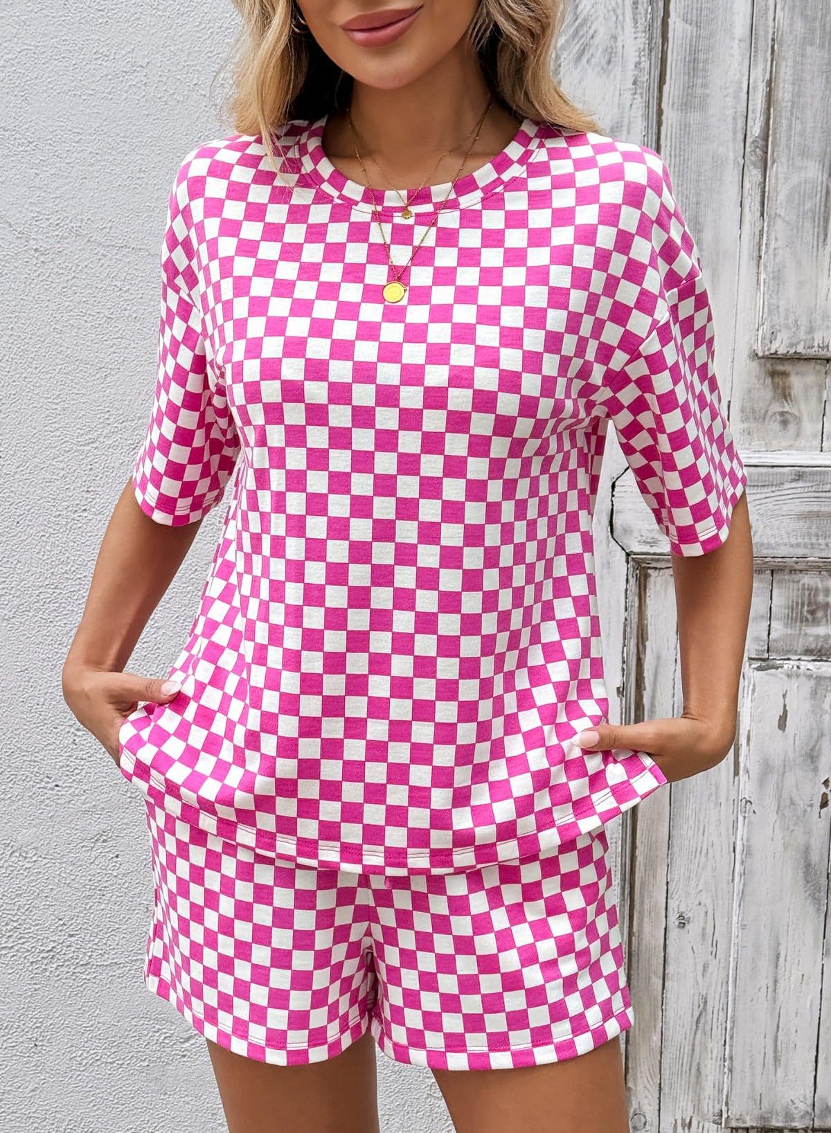 Rose Red Checkerboard Tee and Drawstring Shorts Set