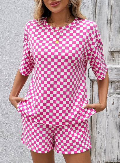 Rose Red Checkerboard Tee and Drawstring Shorts Set