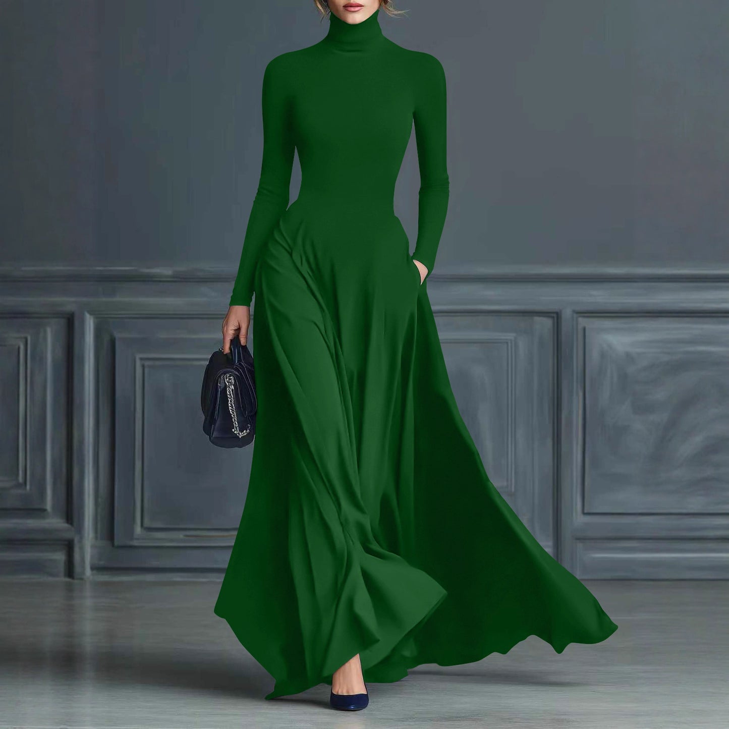 Women's Turtleneck Long Sleeve Fit and Flare Maxi Dress