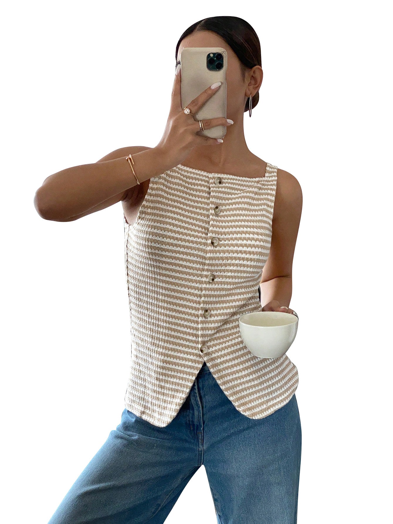 Striped Button Front Sleeveless Tank Summer Top