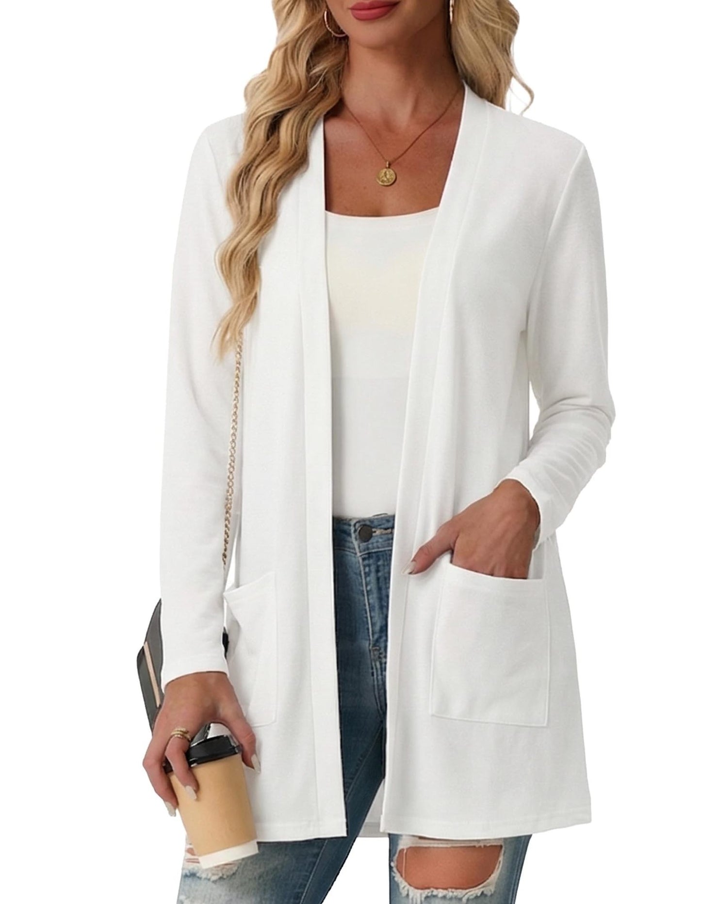 Women's Open Front Knit Cardigan with Pockets Long Sleeve