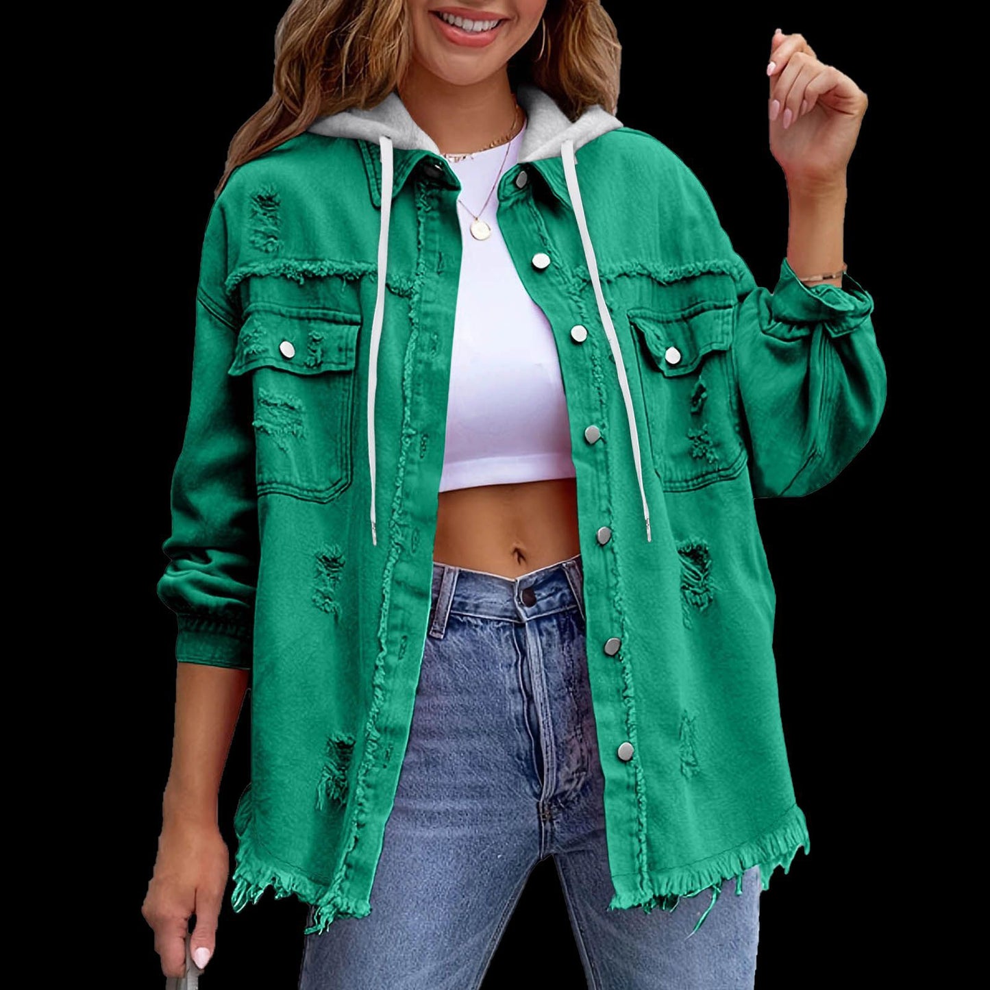 Distressed hooded denim jacket oversized fit