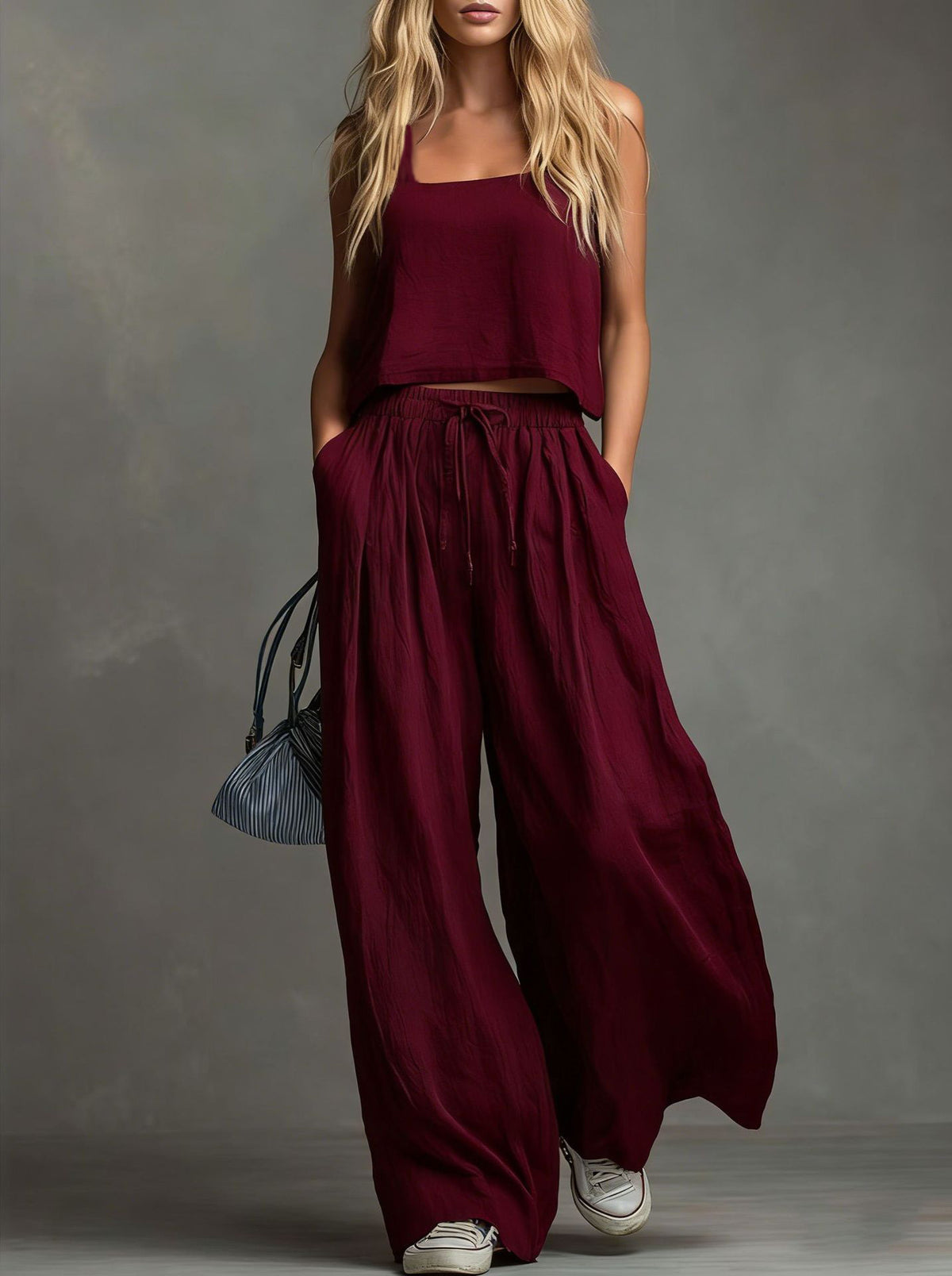 Women's Linen Look Matching Set Tank Wide Leg Pants