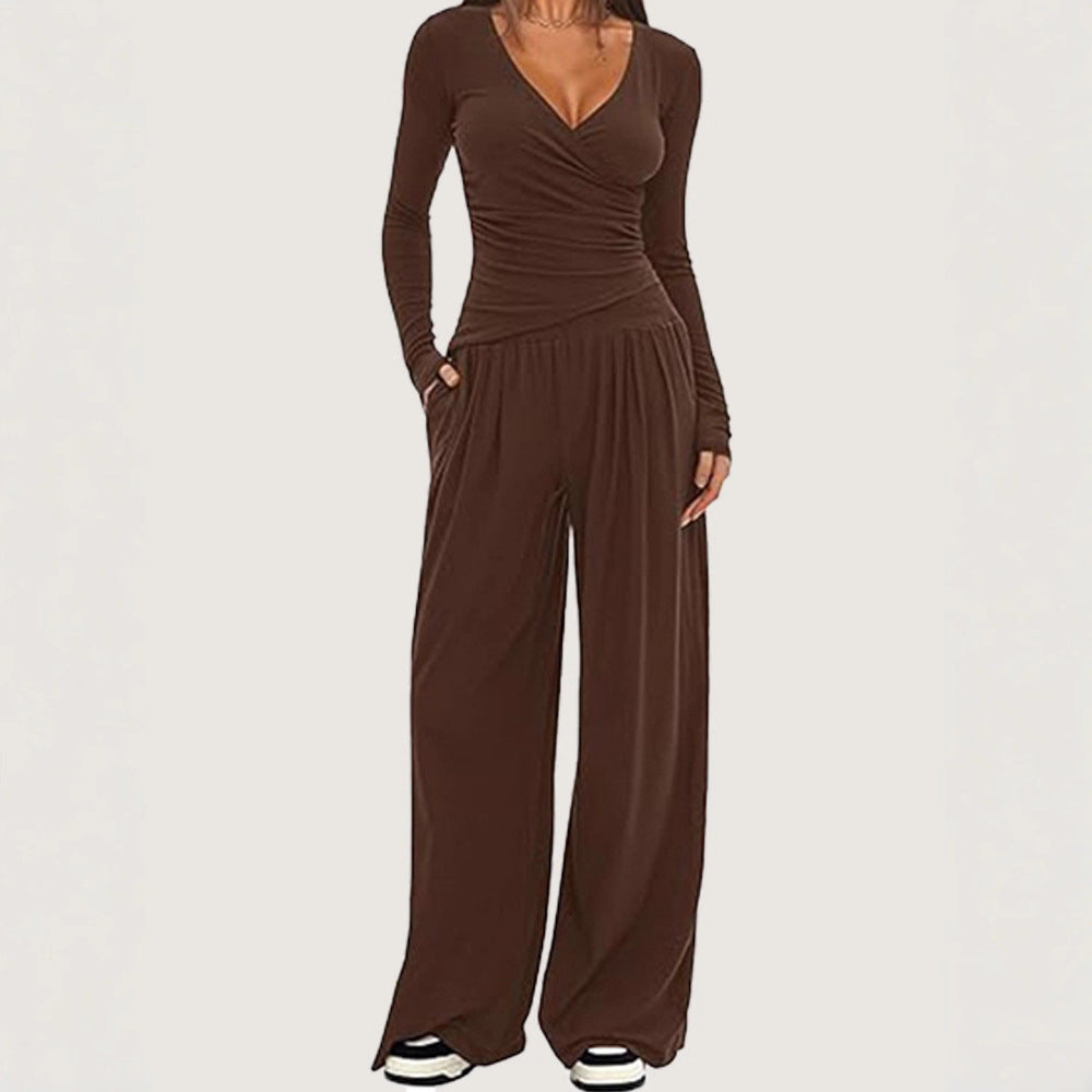 Women's 2 Piece V Neck Wide Leg Pants Lounge Set