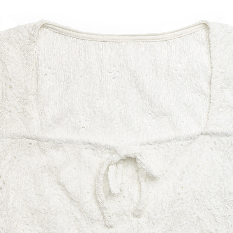 French Lace Jacquard Square Neck Puff Sleeve Knit Top