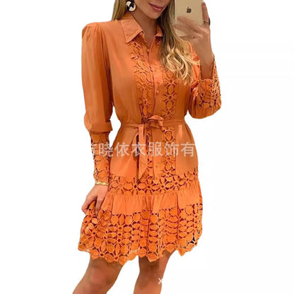 Women's Lace Long Sleeve Collared Shirt Dress