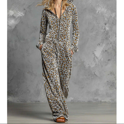 Velvet Leopard Zip Up Hooded Wide Leg Jumpsuit