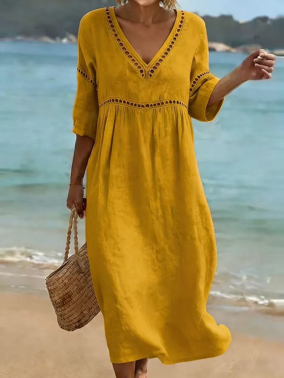 Women's V-Neck Eyelet Midi Dress Flowy 3/4 Sleeve