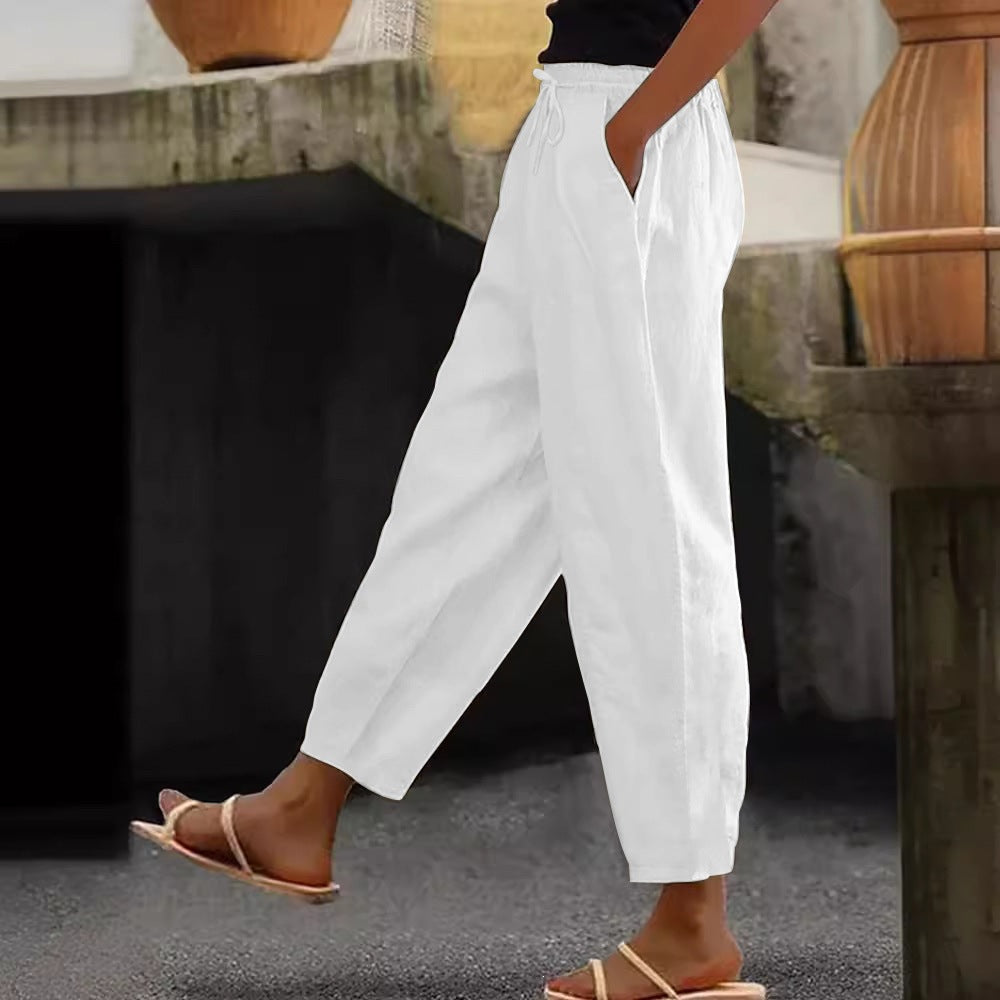 Women's Linen Cotton Drawstring Cropped Pants
