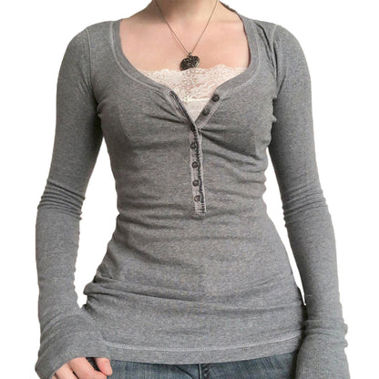 Women's Cotton Lace Trim Henley Long Sleeve Fitted Top
