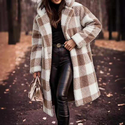 Women's Plaid Teddy Long Hooded Coat Winter Warm