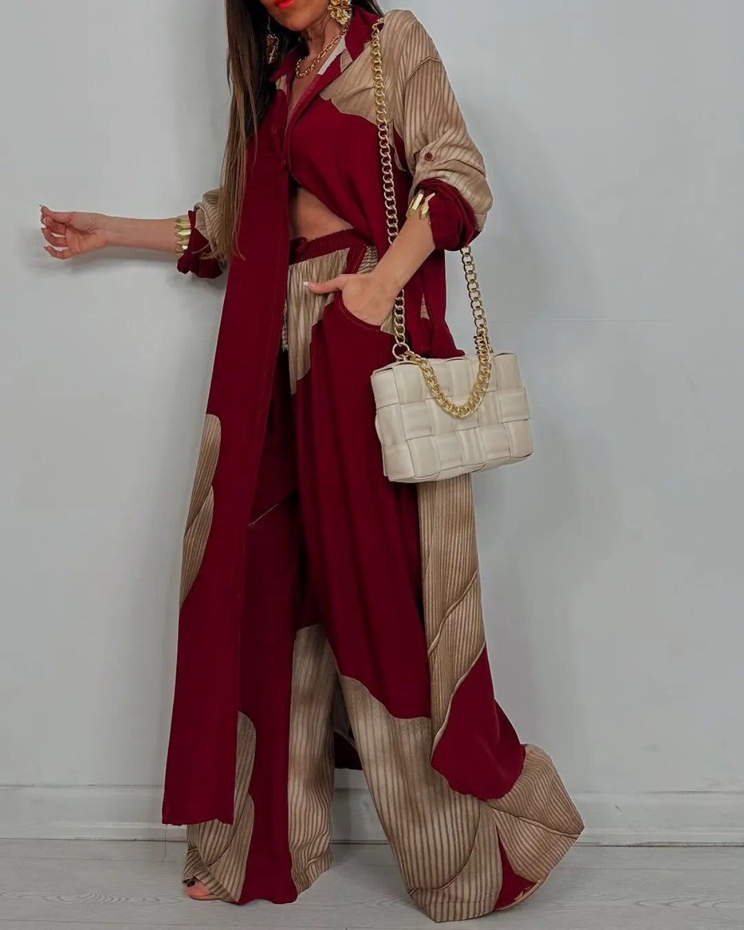 Color Block Shirt Wide Leg Pants Two Piece Set