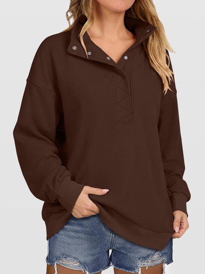Women's Waffle Knit Oversized Button Pullover Sweatshirt