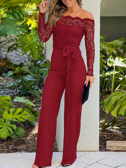 Women's Off Shoulder Lace Long Sleeve Wide Leg Jumpsuit