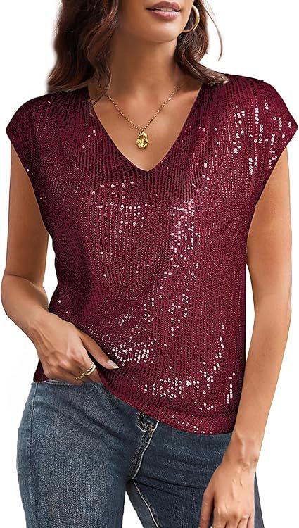 Sequin Sparkly V Neck Sequin Blouse with Raglan Sleeves