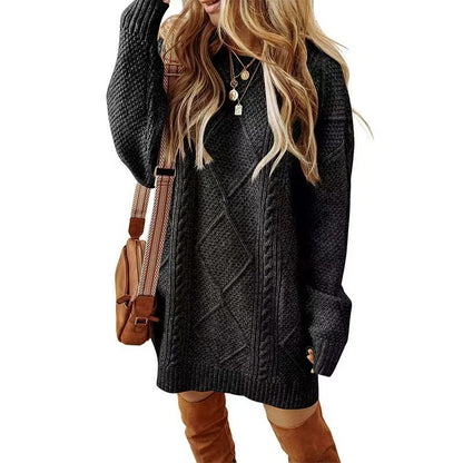 Oversized Chunky Cable Knit Sweater Dress Crew Neck