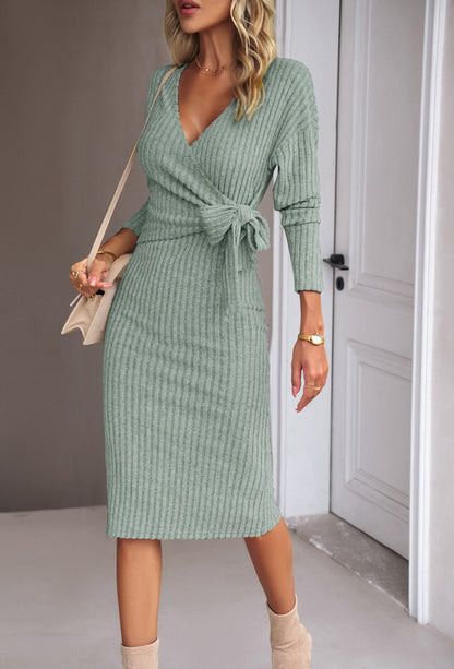 Ribbed V Neck Tie Waist Midi Sweater Dress