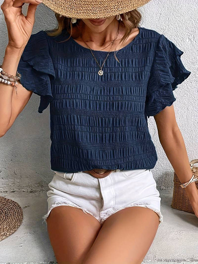 Ruffle Sleeve Crew Neck Casual Summer Blouse Top