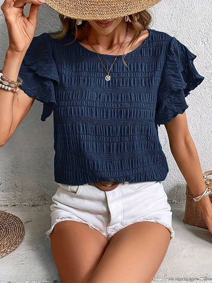 Ruffle Sleeve Crew Neck Casual Summer Blouse Top
