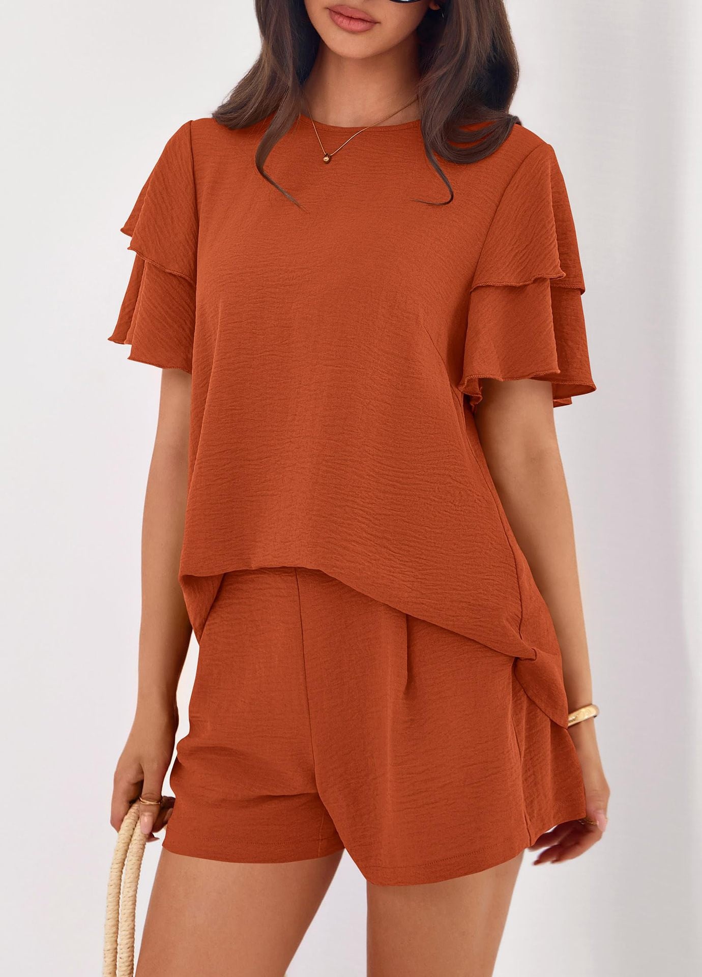 Solid Lounge Set Ruffle Sleeve Top Shorts 2 Piece Set