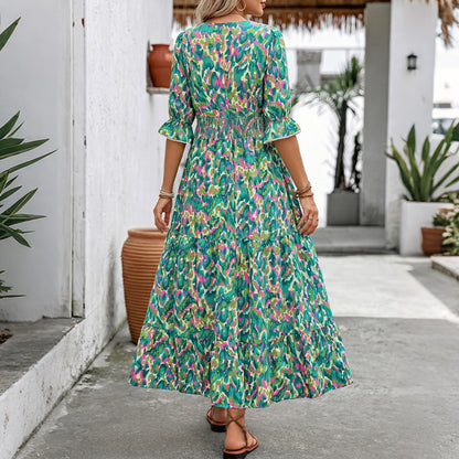 Boho Floral Tiered Maxi Dress V Neck Resort Vacation Dress