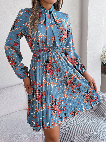 Floral Tie Neck Long Sleeve Pleated Midi Dress