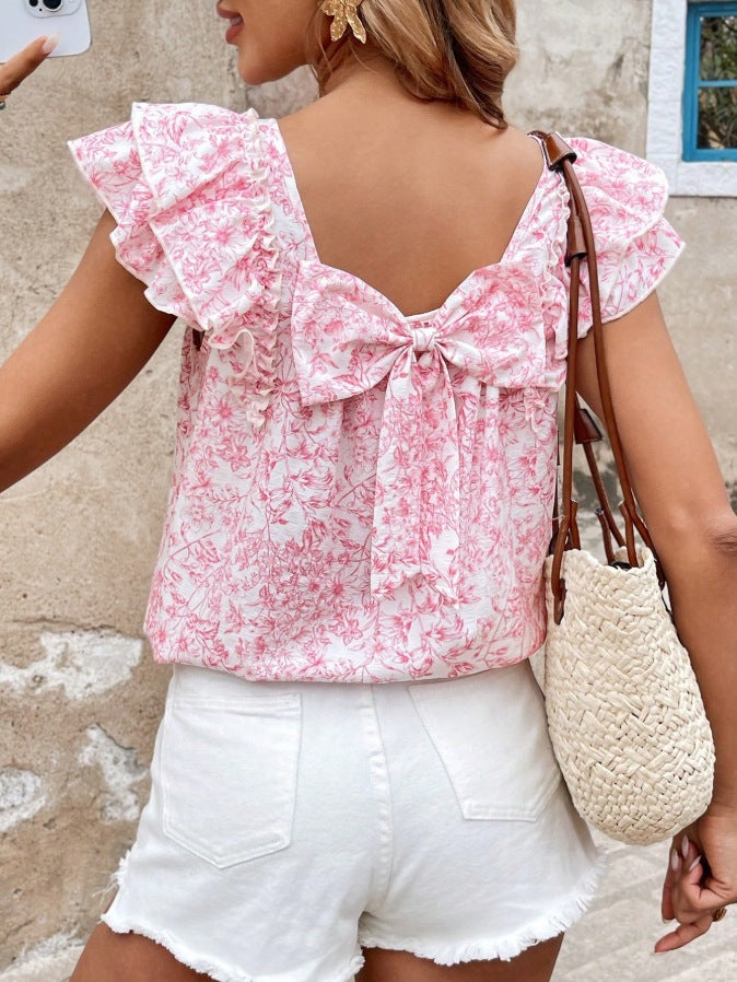 Floral Print Flutter Sleeve Blouse Square Neck Summer Top