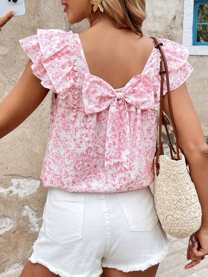 Floral Print Flutter Sleeve Blouse Square Neck Summer Top