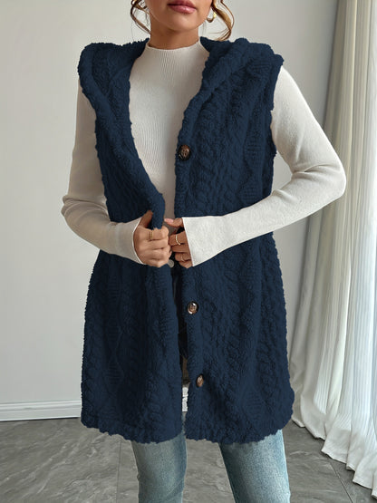 Women Sherpa Hooded Button Down Long Vest