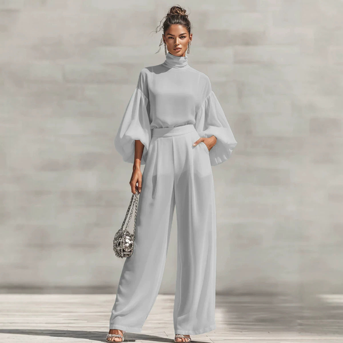 Women's Lantern Sleeve Blouse Wide Leg Pants Two Piece Set