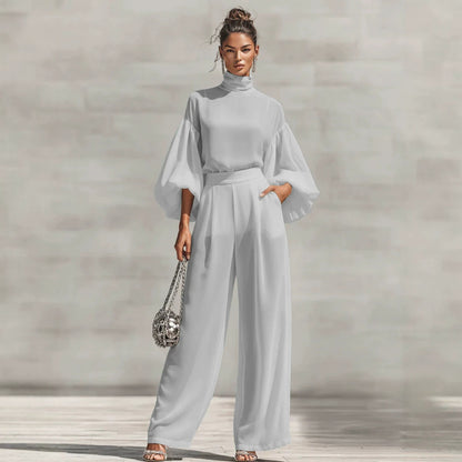 Women's Lantern Sleeve Blouse Wide Leg Pants Two Piece Set