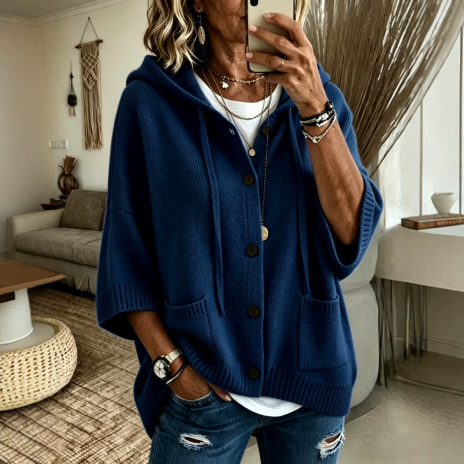 Women's Hooded Knit Cardigan Button Front Batwing Sleeve