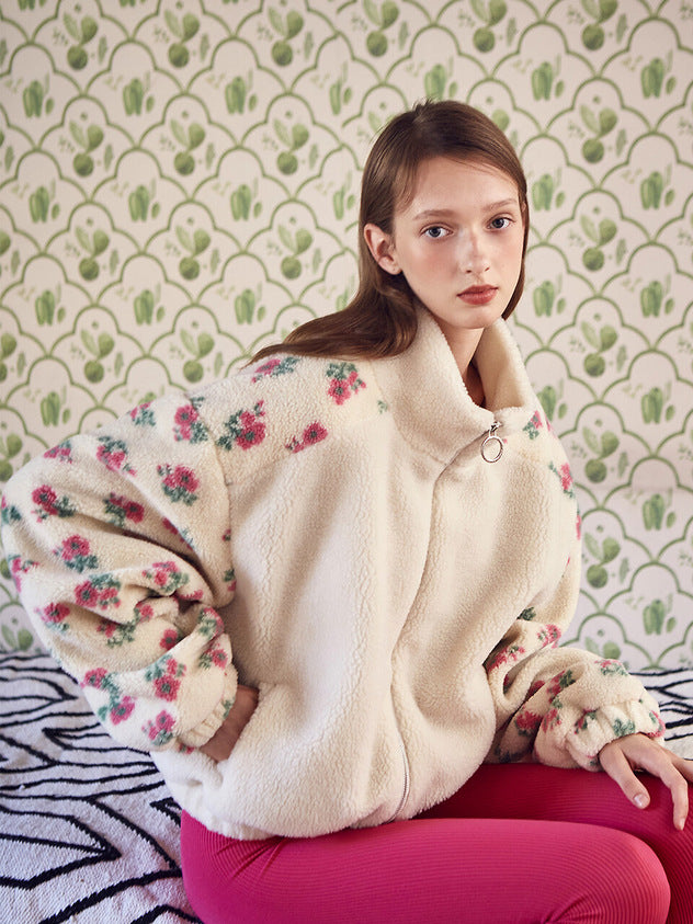 Women's Oversized Floral Sherpa Zip Up Fleece Jacket