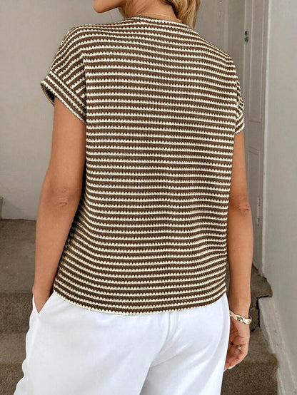 Striped Knit Sweater Crew Neck Short Sleeve Top