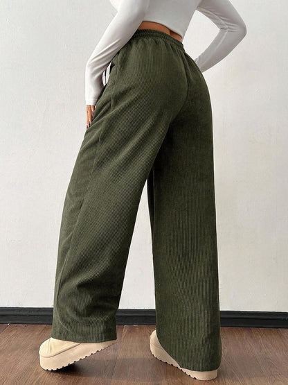 Women's Corduroy Wide Leg Pants Elastic Waist Drawstring