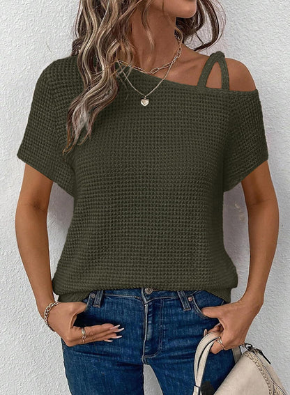 Women's Off-Shoulder Knit Top – Casual Summer Short Sleeve Blouse