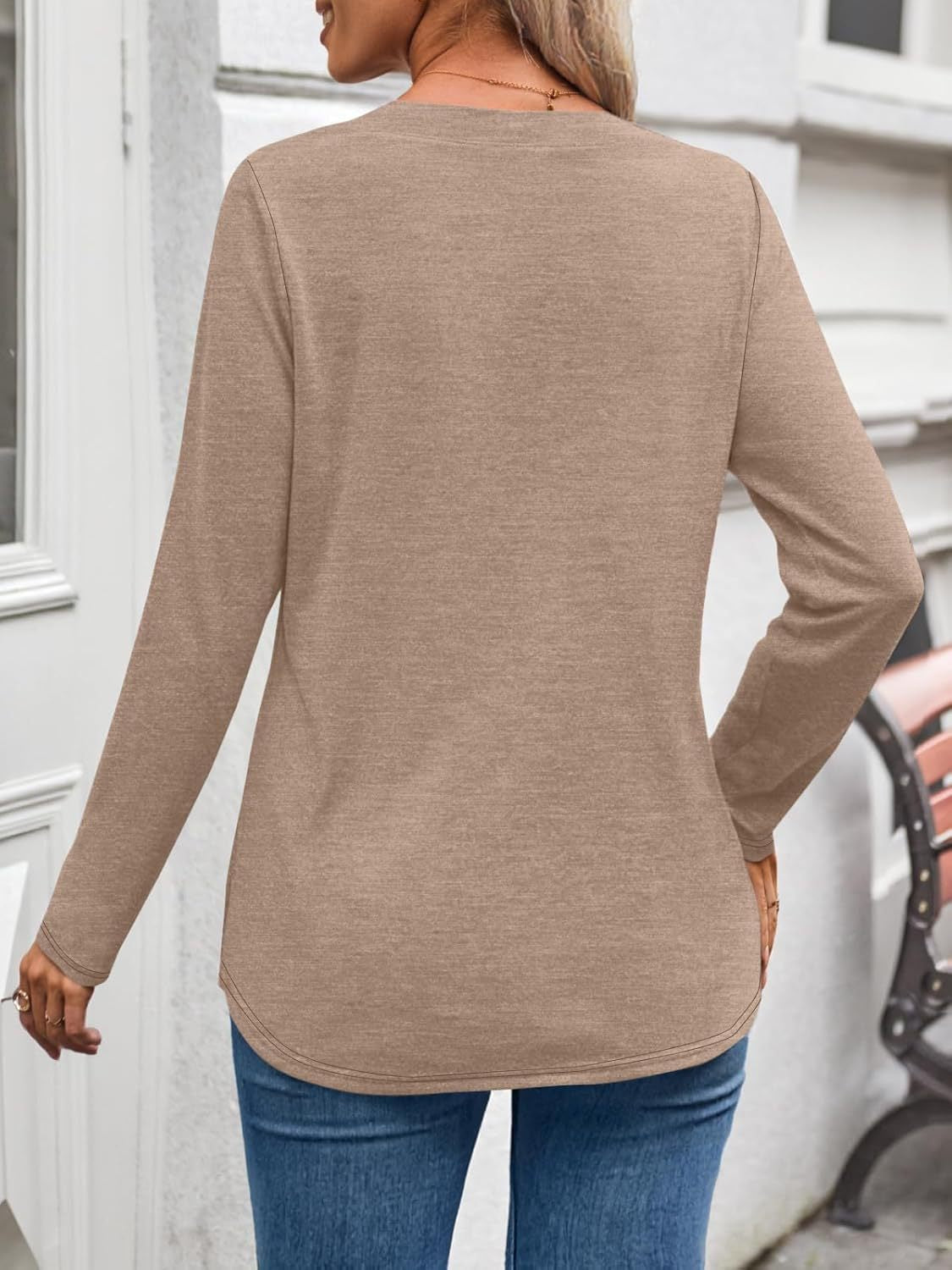 Women's Long Sleeve V Neck Henley Top Casual Blouse